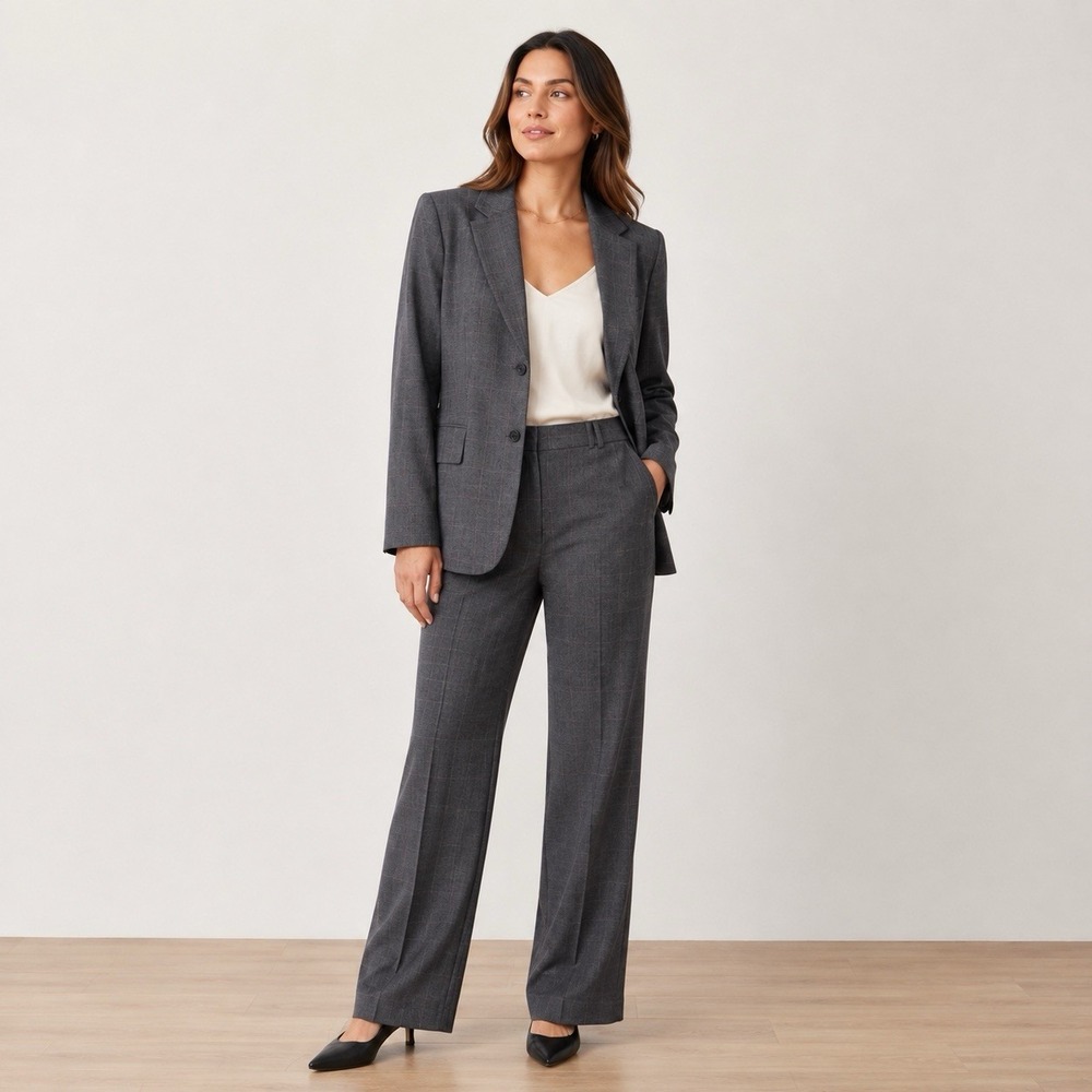 Loft Pants Suit Women Size 10 Gray Plaid Wool Classic Tailored Corporate Chic